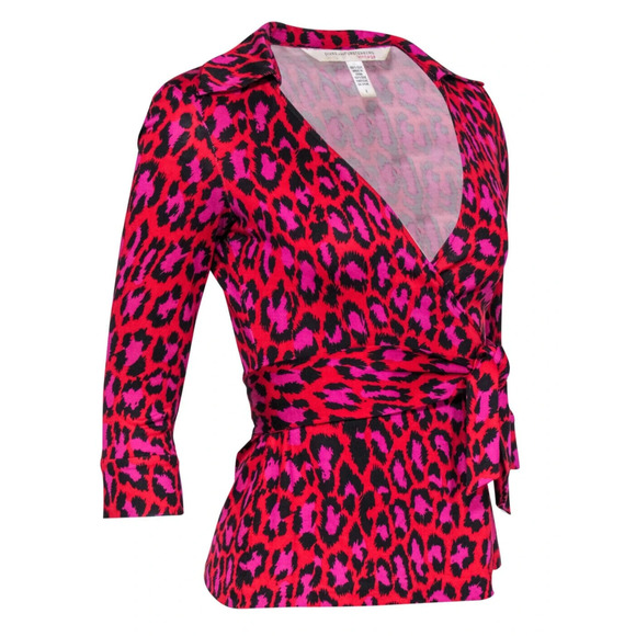 Diane Von Furstenberg Tops - Diane Von Furstenberg Vintage Jill Top Silk Wrap Leopard Print Blouse Size 8